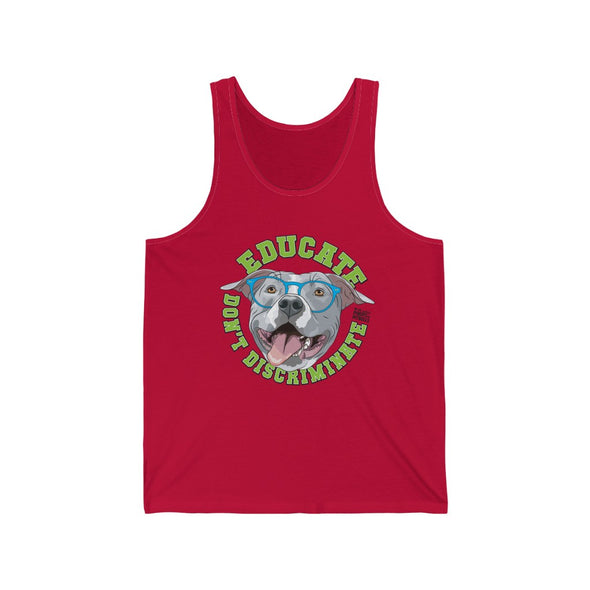 Educate, Don't Discriminate | Unisex Jersey Tank | Blue Pit Bull in glasses | Design by Pittie Chicks